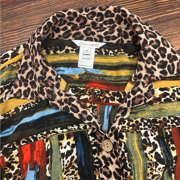 John Mark Women Leopard Abstract Button Down Shirt Dress Sz M Roll Tab Sleeve - Picture 6 of 9